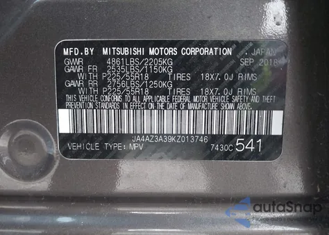 2019 Mitsubishi Outlander Sel from USA, damaged, VIN JA4AZ3A39KZ013746